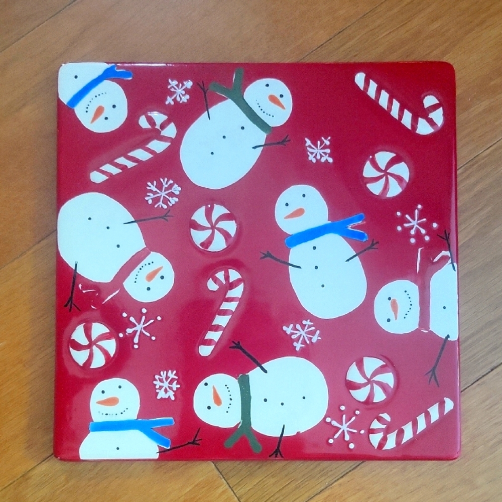 Sonoma Peppermint Lane Snowman Trivet 7x7 Handpainted
